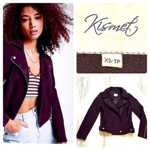 KISMET wool biker style jacket coat. Dark mauve purple. Zipper details. Lined.